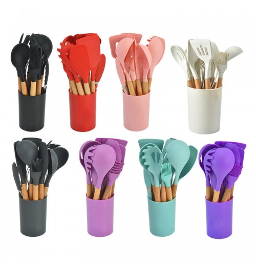 BPA Free Cookware Set Silicone Spoon Spatula Turner Tongs 12 PCS Wooden Handle Kitchen Utensil Set