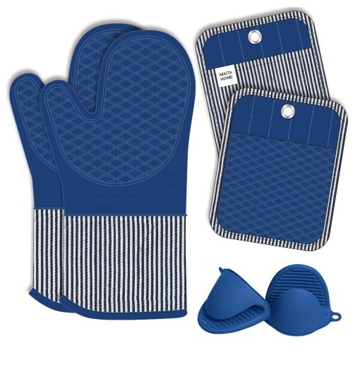 Blue Silicone Stripe Oven Mitt Pot Holder Set Kitchen Baking Cooking Heat Resistant Chef Oven Glove Set